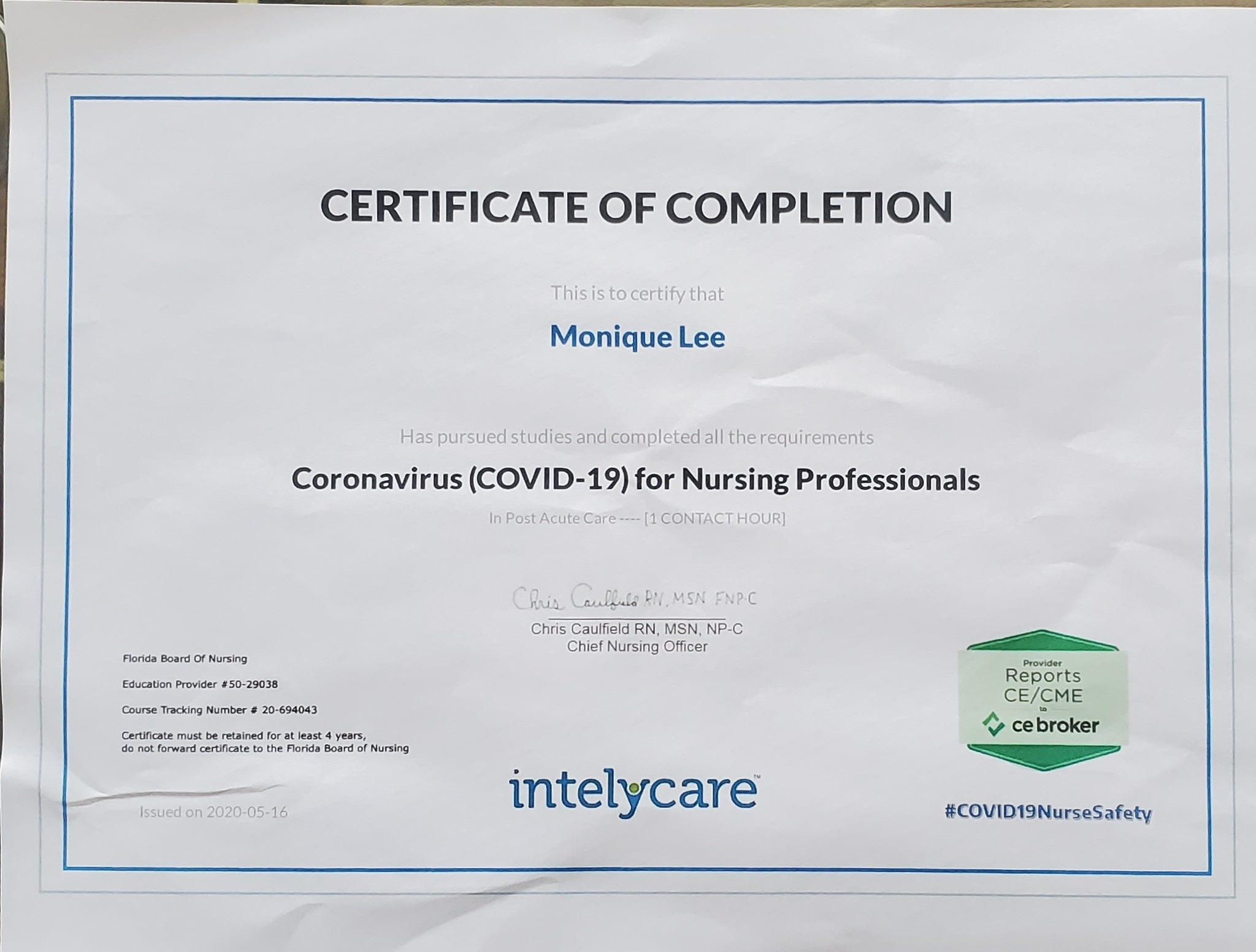 Coronavirus (COVID19) for Nursing Professionals Certificate of Completion